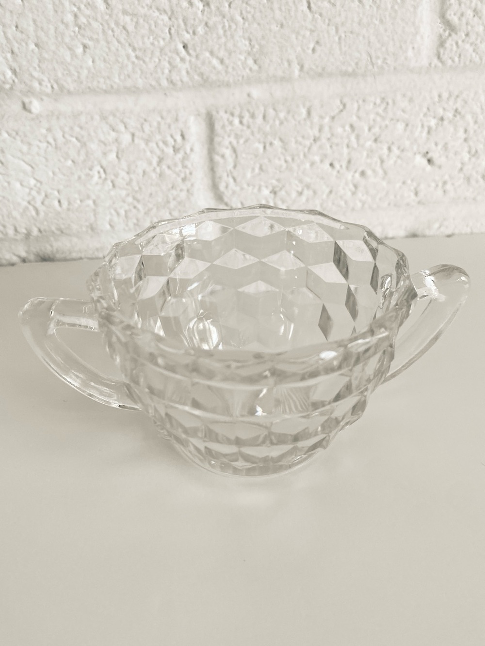 Vintage Fostoria Pressed Cubed Glass American Clear Open Sugar Bowl with Handles